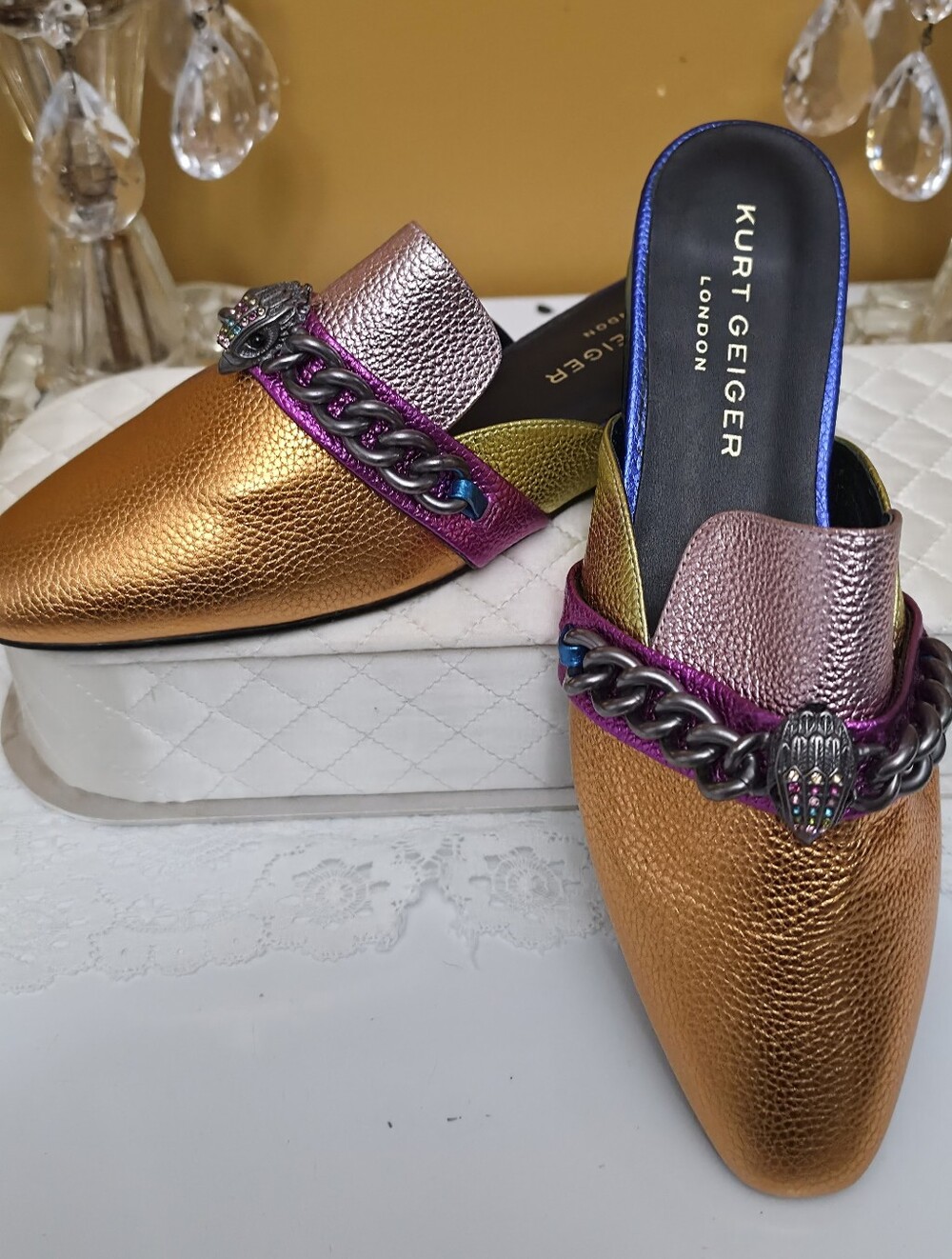 Kurt Geiger Metallic Gold Pink Purple Leather Chain-Embellished Mule